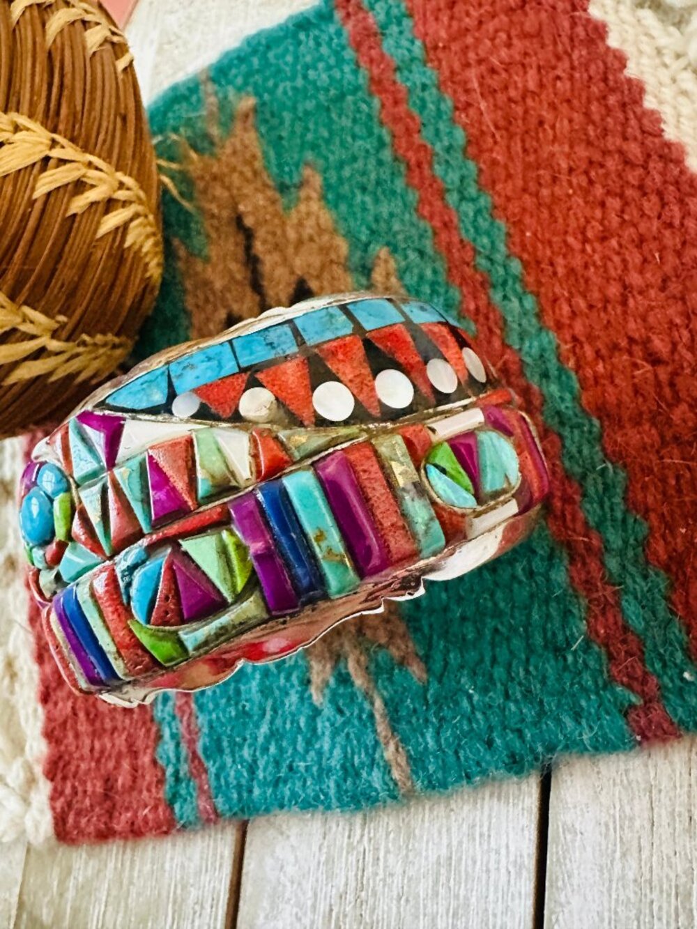 Handmade Sterling Silver Multi Stone Inlay Cuff - Picture 4 of 8